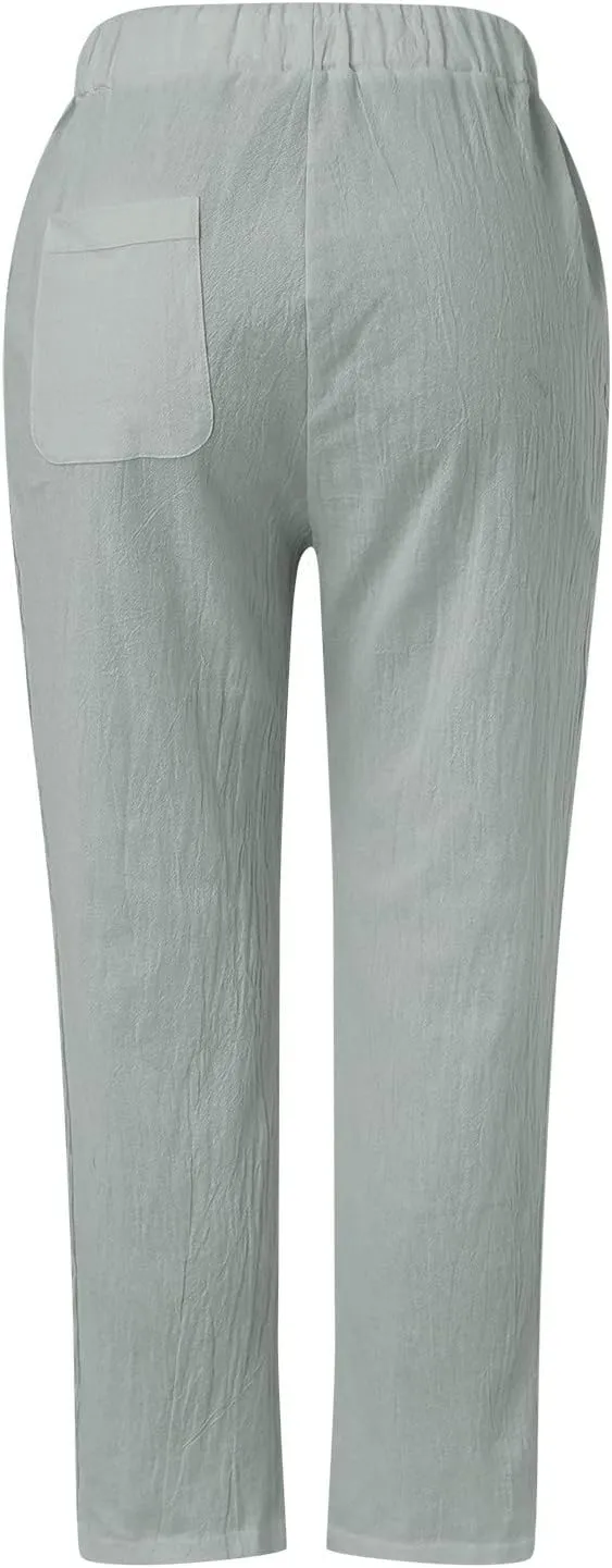 Womens Casual Embroidery Linen Pants with Pockets Drawstring Solid High Waistband Summer Beach Straight Leg Trousers