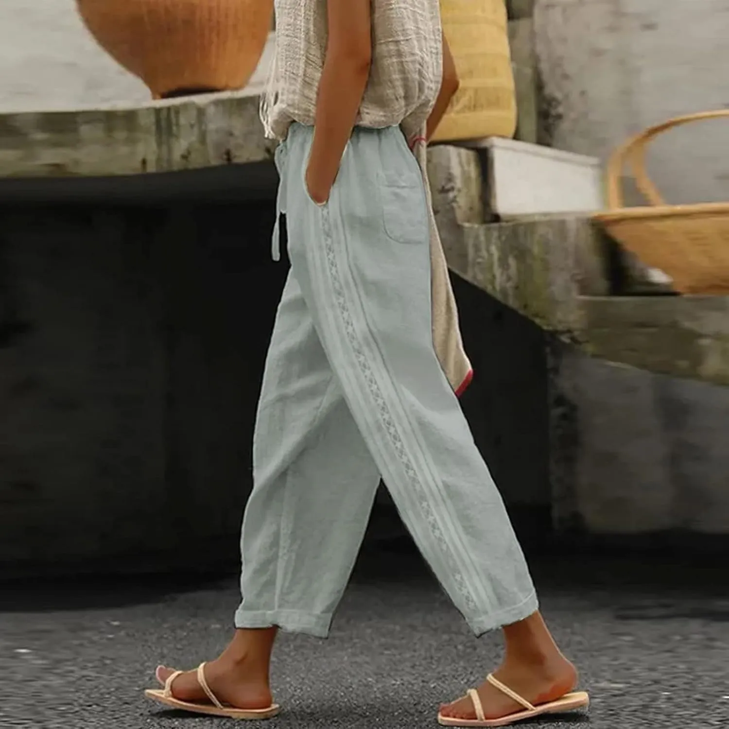 Womens Casual Embroidery Linen Pants with Pockets Drawstring Solid High Waistband Summer Beach Straight Leg Trousers