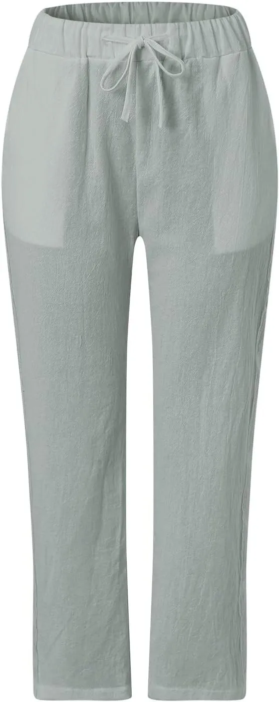Womens Casual Embroidery Linen Pants with Pockets Drawstring Solid High Waistband Summer Beach Straight Leg Trousers