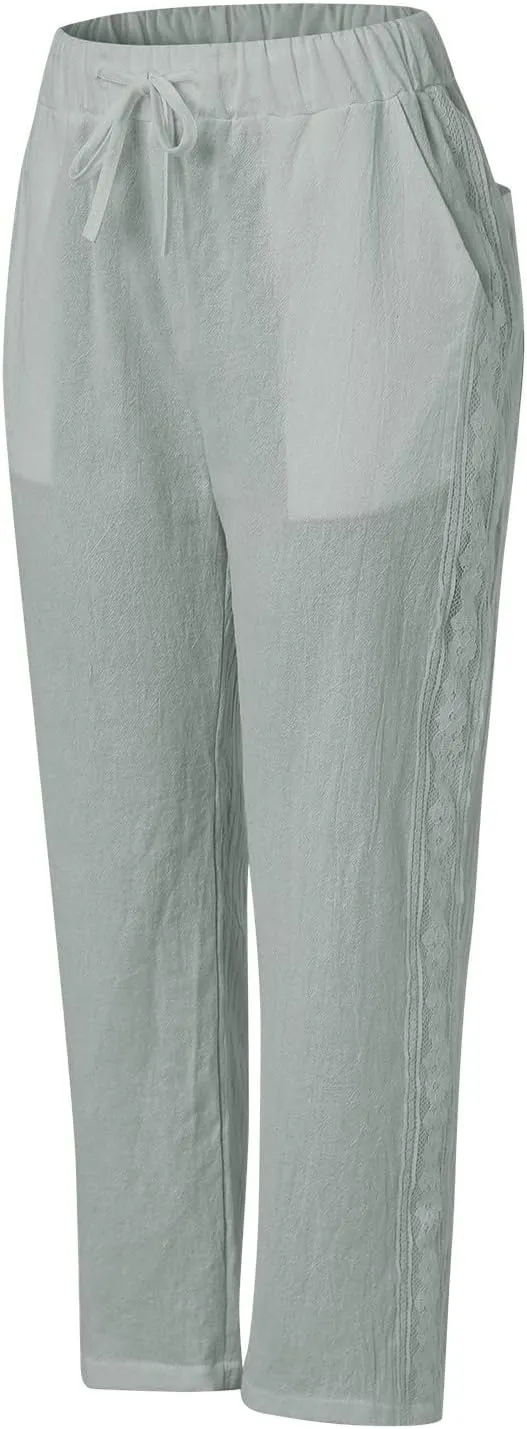 Womens Casual Embroidery Linen Pants with Pockets Drawstring Solid High Waistband Summer Beach Straight Leg Trousers