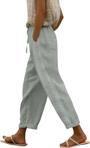 Womens Casual Embroidery Linen Pants with Pockets Drawstring Solid High Waistband Summer Beach Straight Leg Trousers