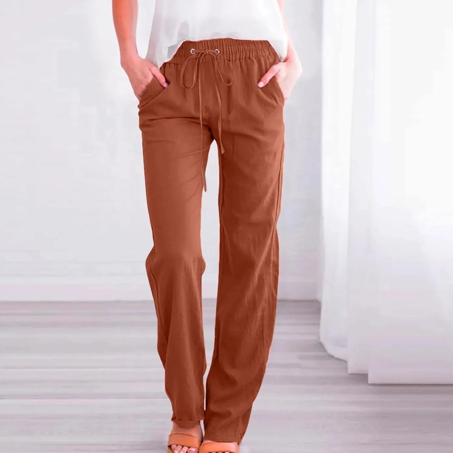 Womens Casual Linen Pants 2025 Summer Loose Fit Drawstring Elastic Waist Beach Pants Lightweight Lounge Long Trousers