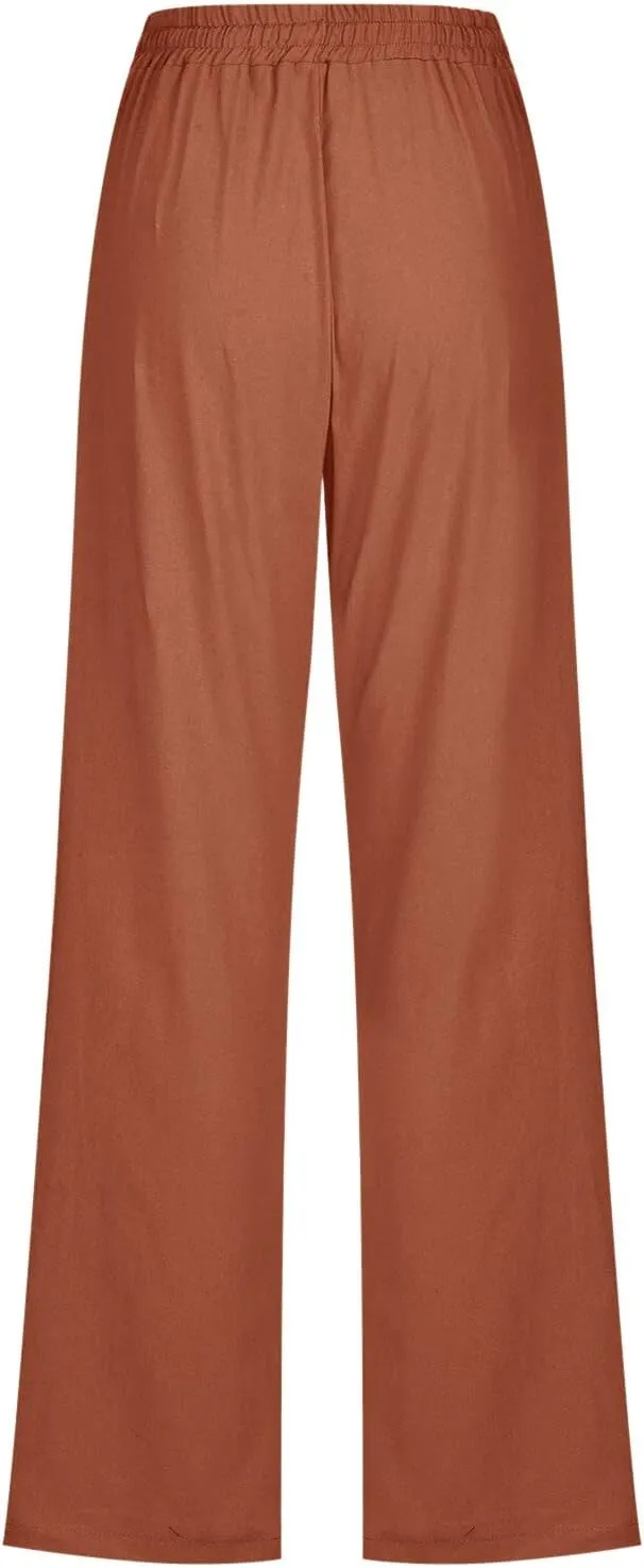 Womens Casual Linen Pants 2025 Summer Loose Fit Drawstring Elastic Waist Beach Pants Lightweight Lounge Long Trousers