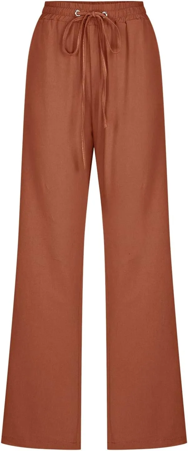 Womens Casual Linen Pants 2025 Summer Loose Fit Drawstring Elastic Waist Beach Pants Lightweight Lounge Long Trousers