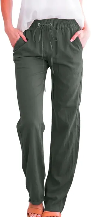 Womens Casual Linen Pants 2025 Summer Loose Fit Drawstring Elastic Waist Beach Pants Lightweight Lounge Long Trousers