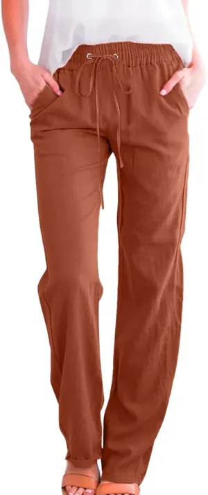 Womens Casual Linen Pants 2025 Summer Loose Fit Drawstring Elastic Waist Beach Pants Lightweight Lounge Long Trousers