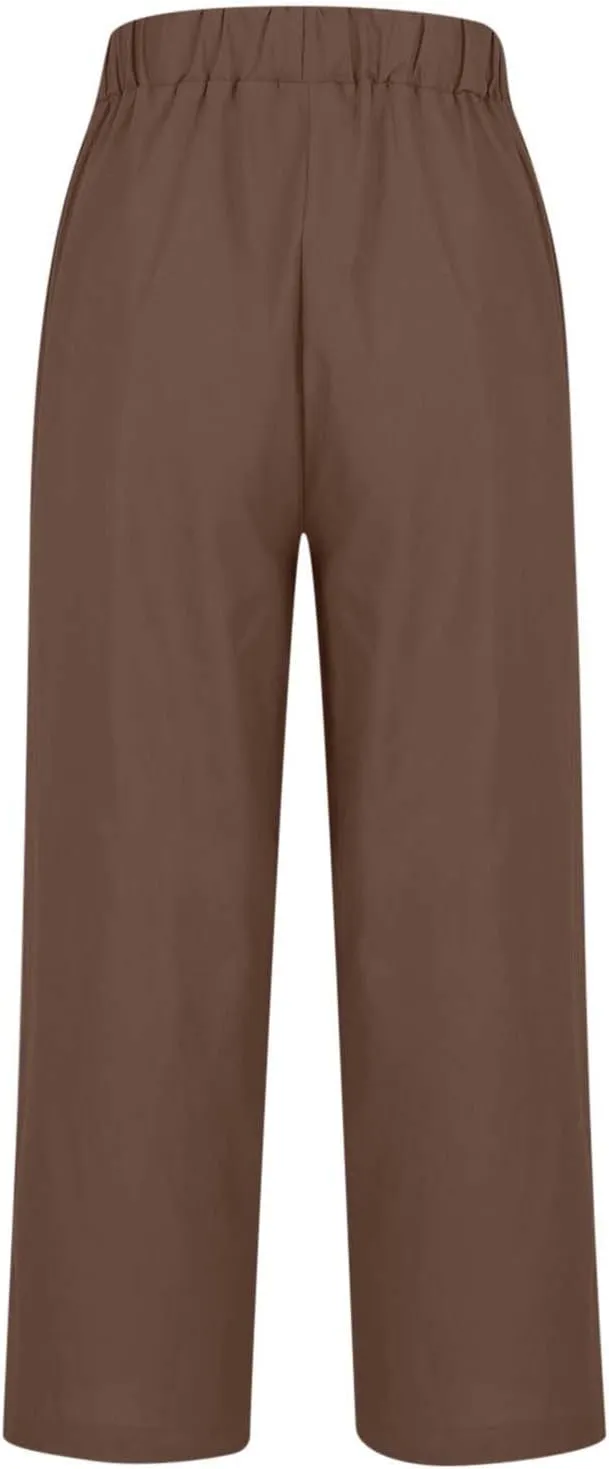 Womens Casual Linen Pants Drawstring Waist Loose Fit Summer Pants Cropped Trousers with Pockets Cotton Linen Pants