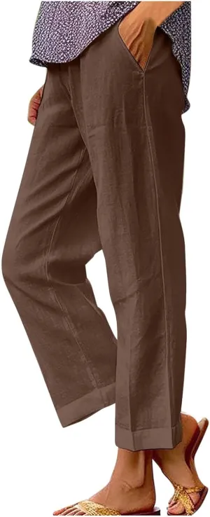 Womens Casual Linen Pants Drawstring Waist Loose Fit Summer Pants Cropped Trousers with Pockets Cotton Linen Pants