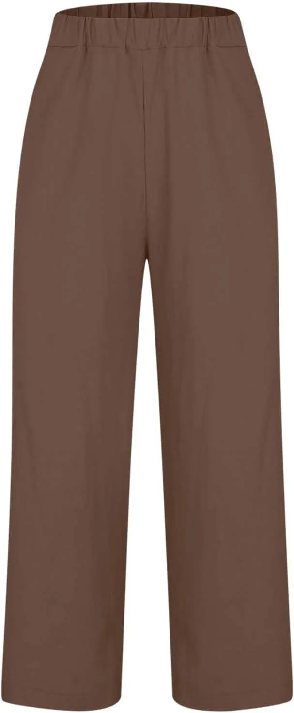Womens Casual Linen Pants Drawstring Waist Loose Fit Summer Pants Cropped Trousers with Pockets Cotton Linen Pants