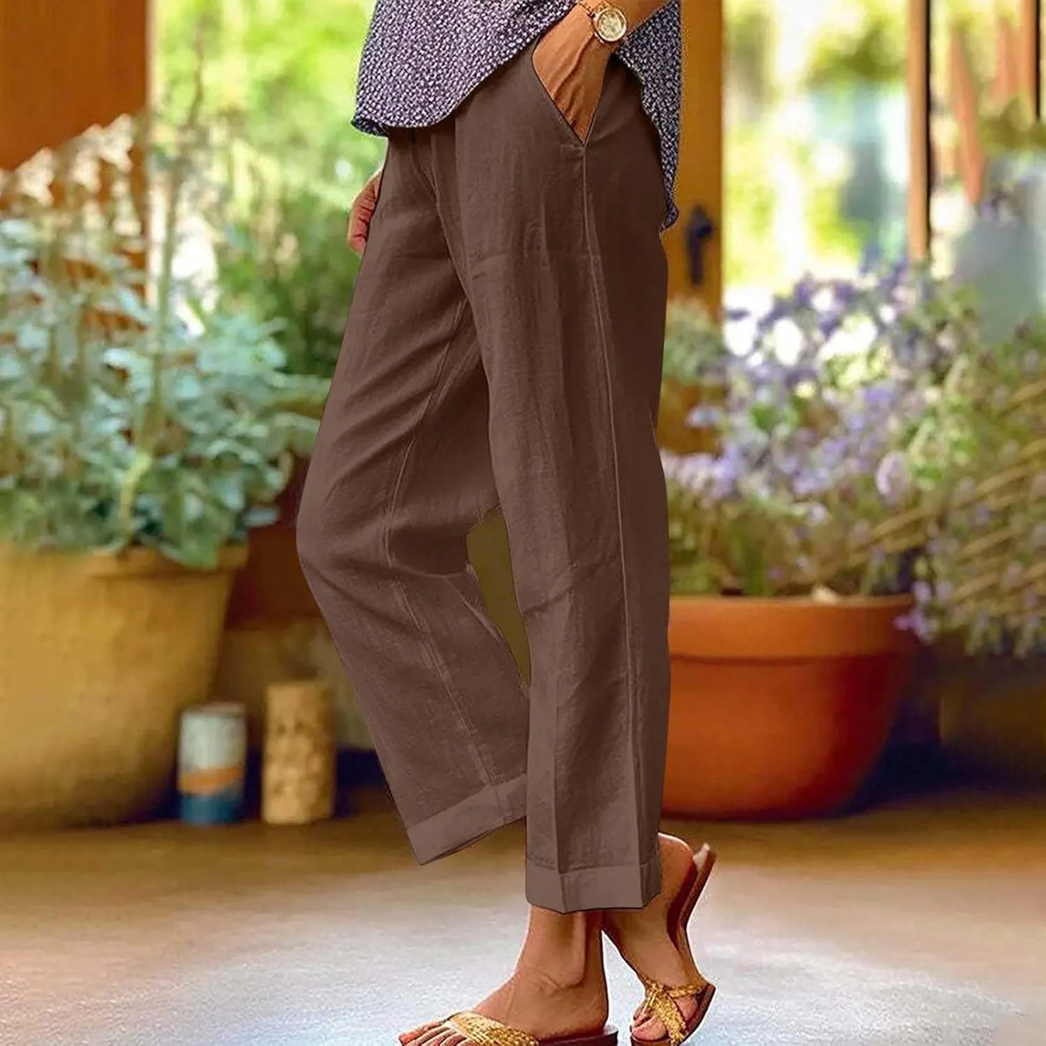 Womens Casual Linen Pants Drawstring Waist Loose Fit Summer Pants Cropped Trousers with Pockets Cotton Linen Pants