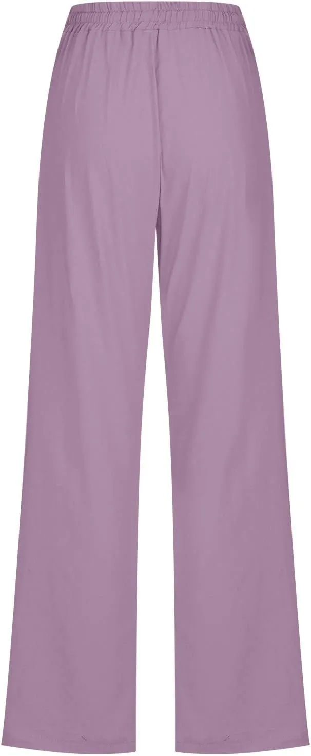 Women's Casual Linen Pants High Waisted Straight Leg Pants Summer Flowy Wide Leg Drawstring Trousers with Pockets