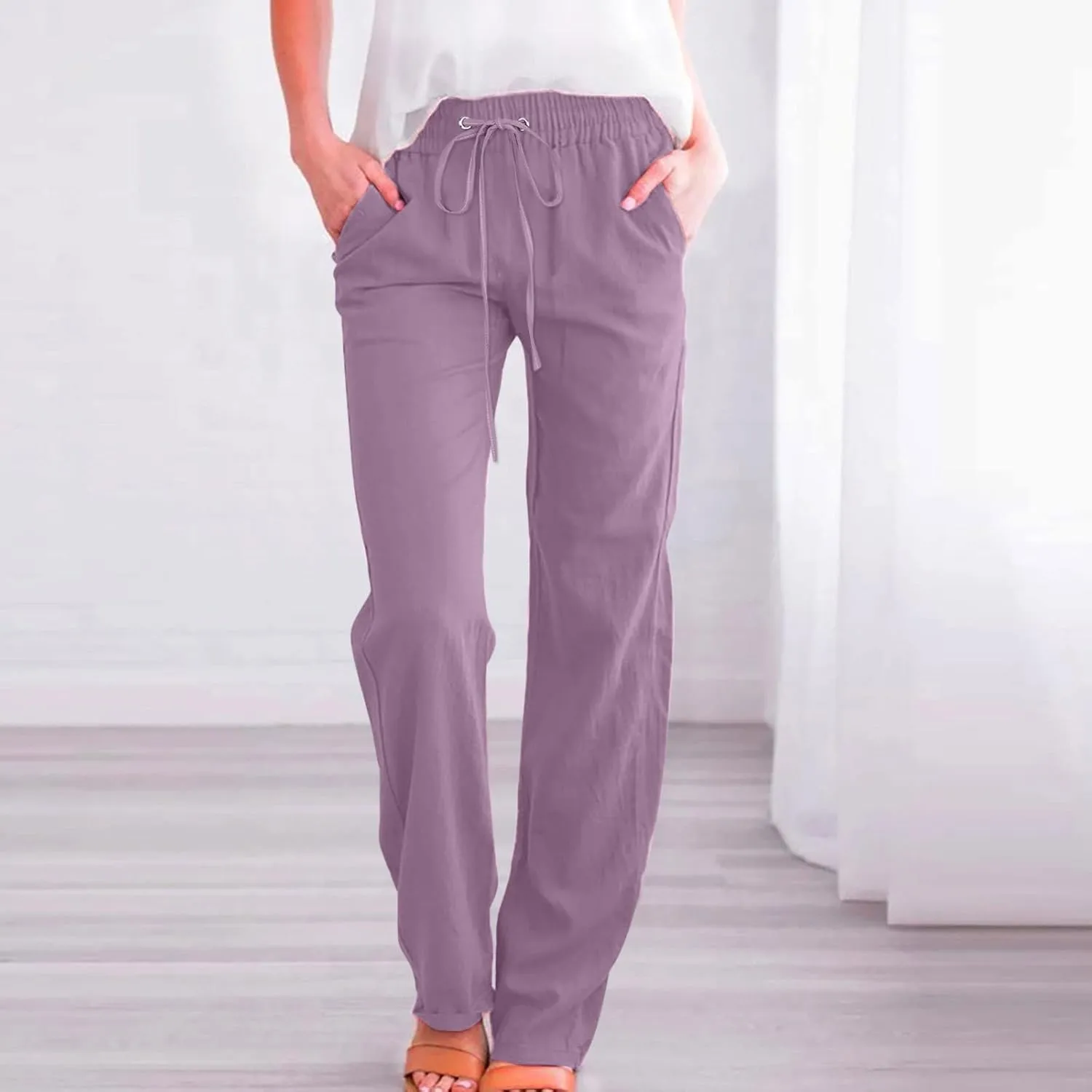 Women's Casual Linen Pants High Waisted Straight Leg Pants Summer Flowy Wide Leg Drawstring Trousers with Pockets