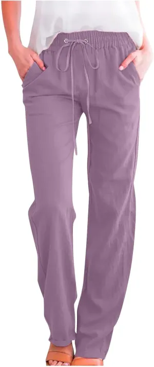 Women's Casual Linen Pants High Waisted Straight Leg Pants Summer Flowy Wide Leg Drawstring Trousers with Pockets