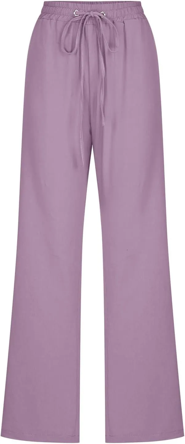 Women's Casual Linen Pants High Waisted Straight Leg Pants Summer Flowy Wide Leg Drawstring Trousers with Pockets