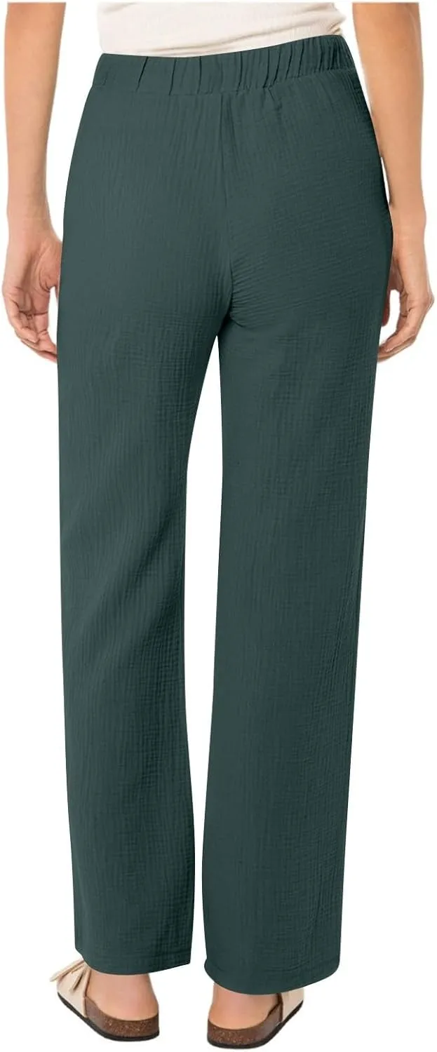 Womens Casual Pants Drawstring Soft Waist Pleated Linen Blend Pants Comfy Wide Leg Straight Pajama Trousers with Pockets