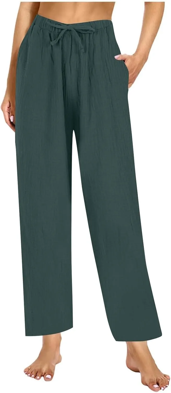 Womens Casual Pants Drawstring Soft Waist Pleated Linen Blend Pants Comfy Wide Leg Straight Pajama Trousers with Pockets