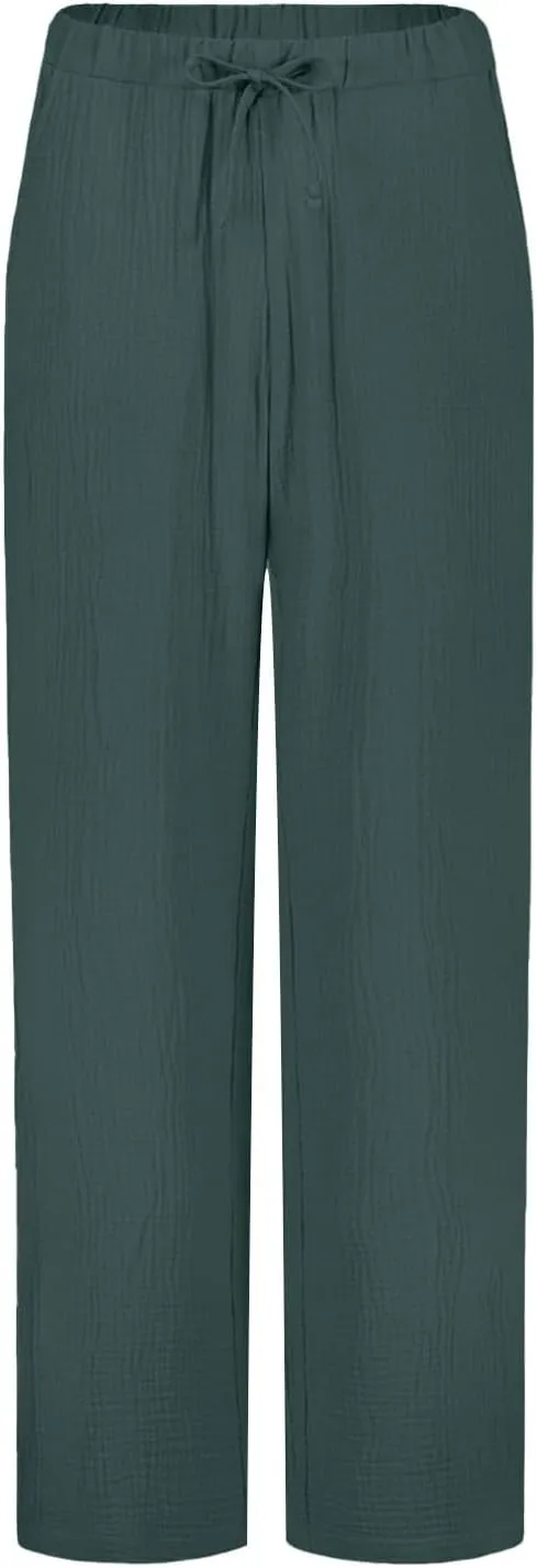 Womens Casual Pants Drawstring Soft Waist Pleated Linen Blend Pants Comfy Wide Leg Straight Pajama Trousers with Pockets