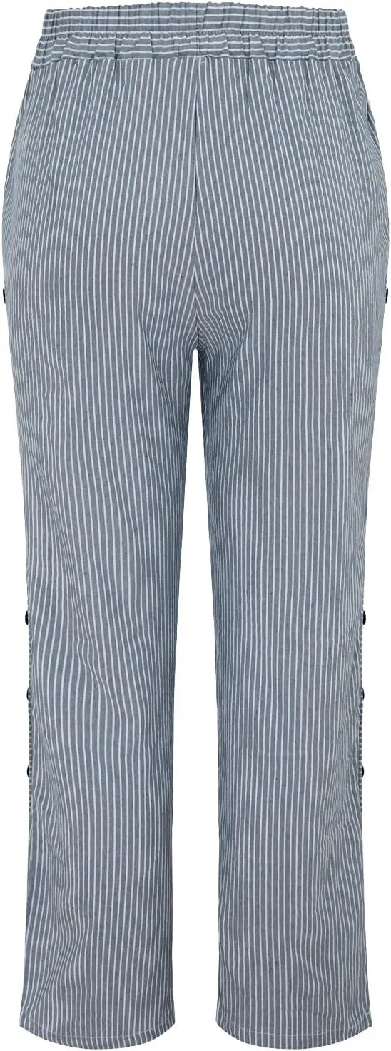 Women's Casual Pants Striped Side Button Elastic Waist Trendy Pants Straight Leg Baggy Trousers with Pocket