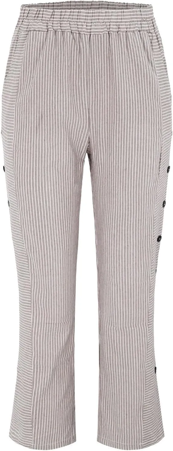 Women's Casual Pants Striped Side Button Elastic Waist Trendy Pants Straight Leg Baggy Trousers with Pocket
