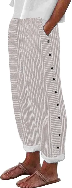Women's Casual Pants Striped Side Button Elastic Waist Trendy Pants Straight Leg Baggy Trousers with Pocket