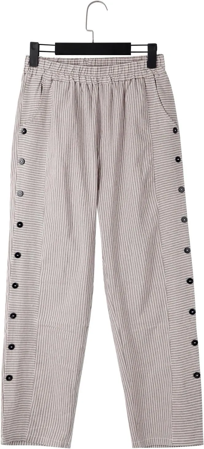 Women's Casual Pants Striped Side Button Elastic Waist Trendy Pants Straight Leg Baggy Trousers with Pocket