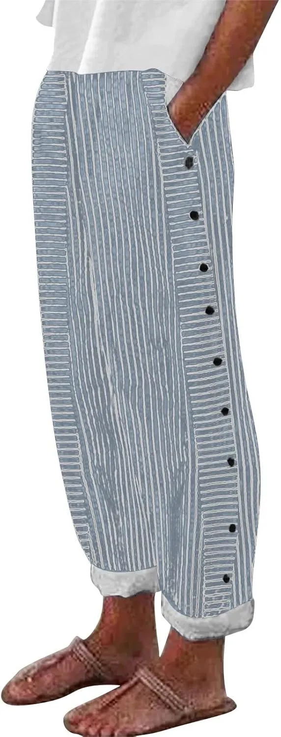 Women's Casual Pants Striped Side Button Elastic Waist Trendy Pants Straight Leg Baggy Trousers with Pocket