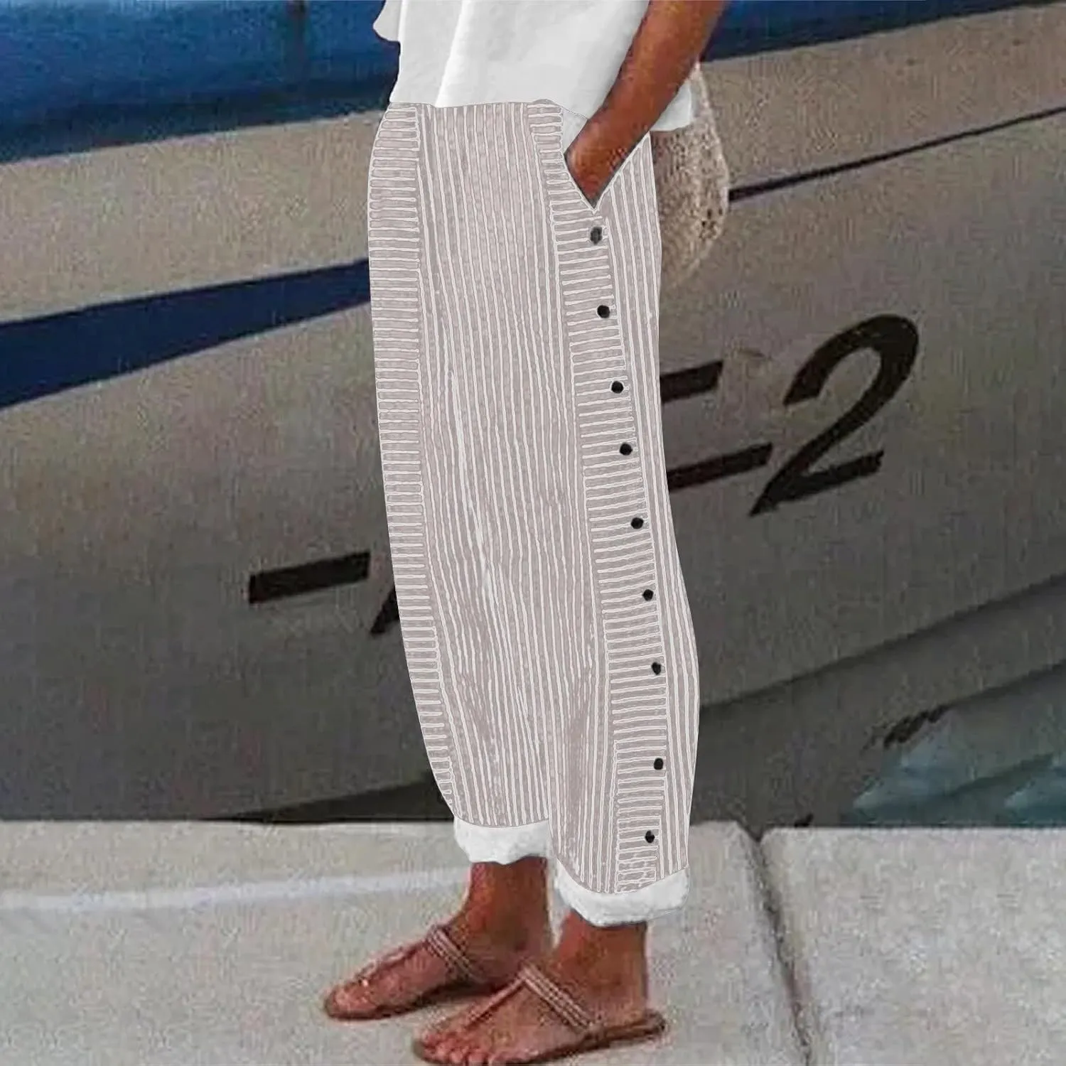Women's Casual Pants Striped Side Button Elastic Waist Trendy Pants Straight Leg Baggy Trousers with Pocket