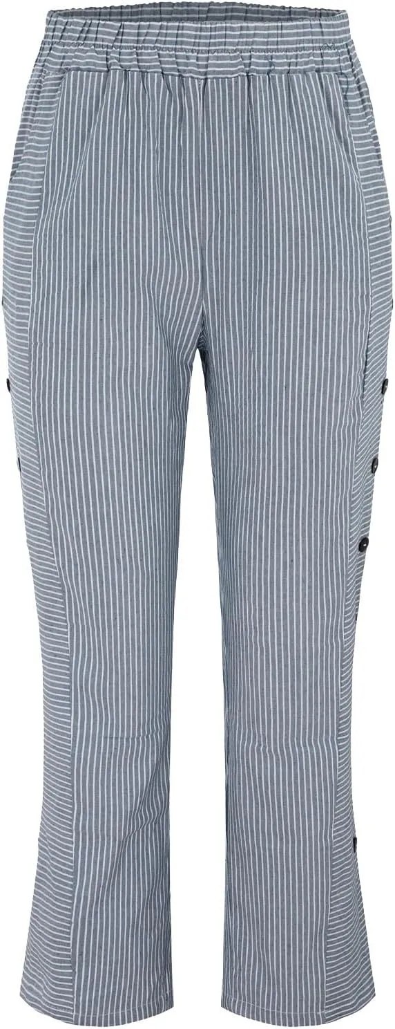 Women's Casual Pants Striped Side Button Elastic Waist Trendy Pants Straight Leg Baggy Trousers with Pocket