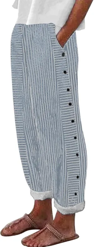 Women's Casual Pants Striped Side Button Elastic Waist Trendy Pants Straight Leg Baggy Trousers with Pocket