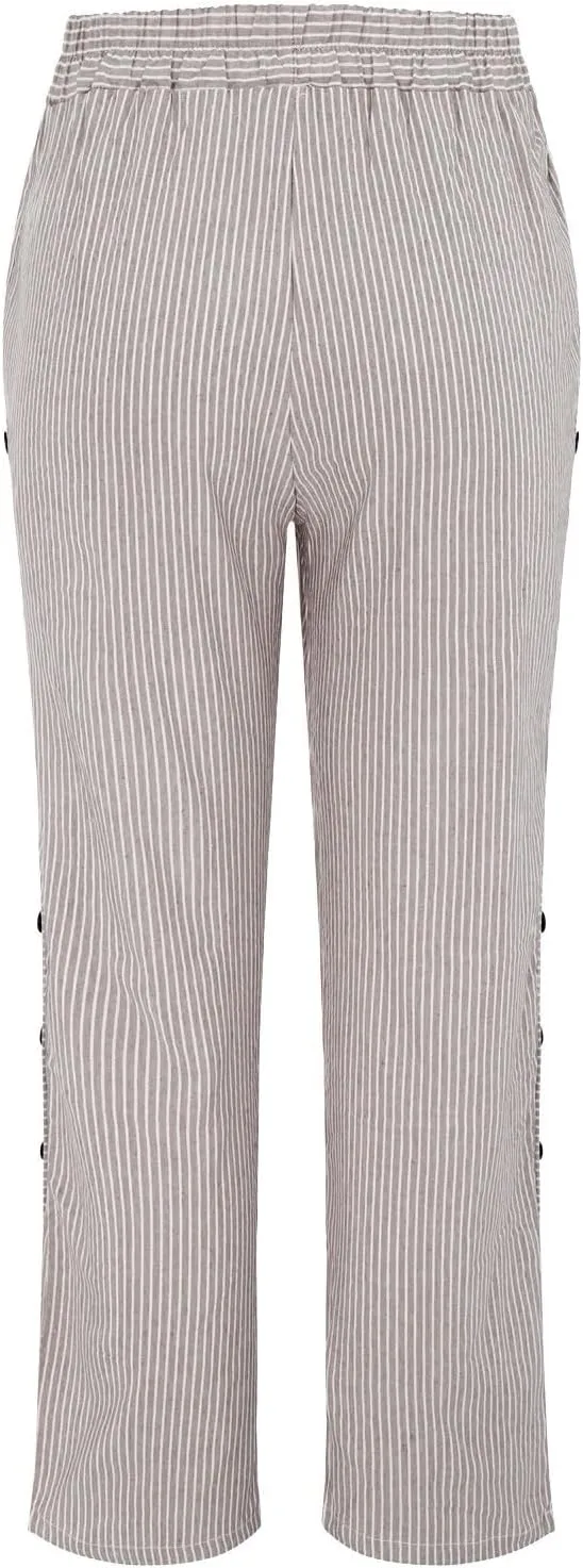 Women's Casual Pants Striped Side Button Elastic Waist Trendy Pants Straight Leg Baggy Trousers with Pocket