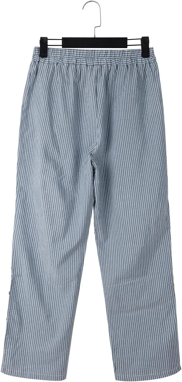 Women's Casual Pants Striped Side Button Elastic Waist Trendy Pants Straight Leg Baggy Trousers with Pocket