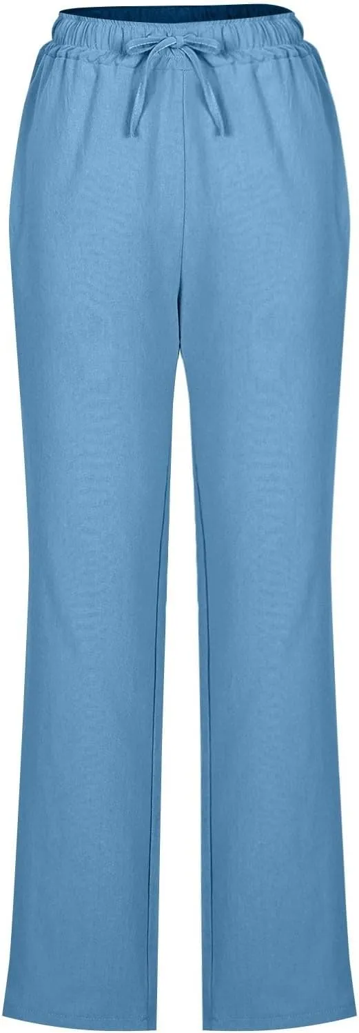 Womens Casual Summer Linen Pants Drawstring Comfy Loose Fit Trousers with Side Pockets Beach Travel Vacation Outfits