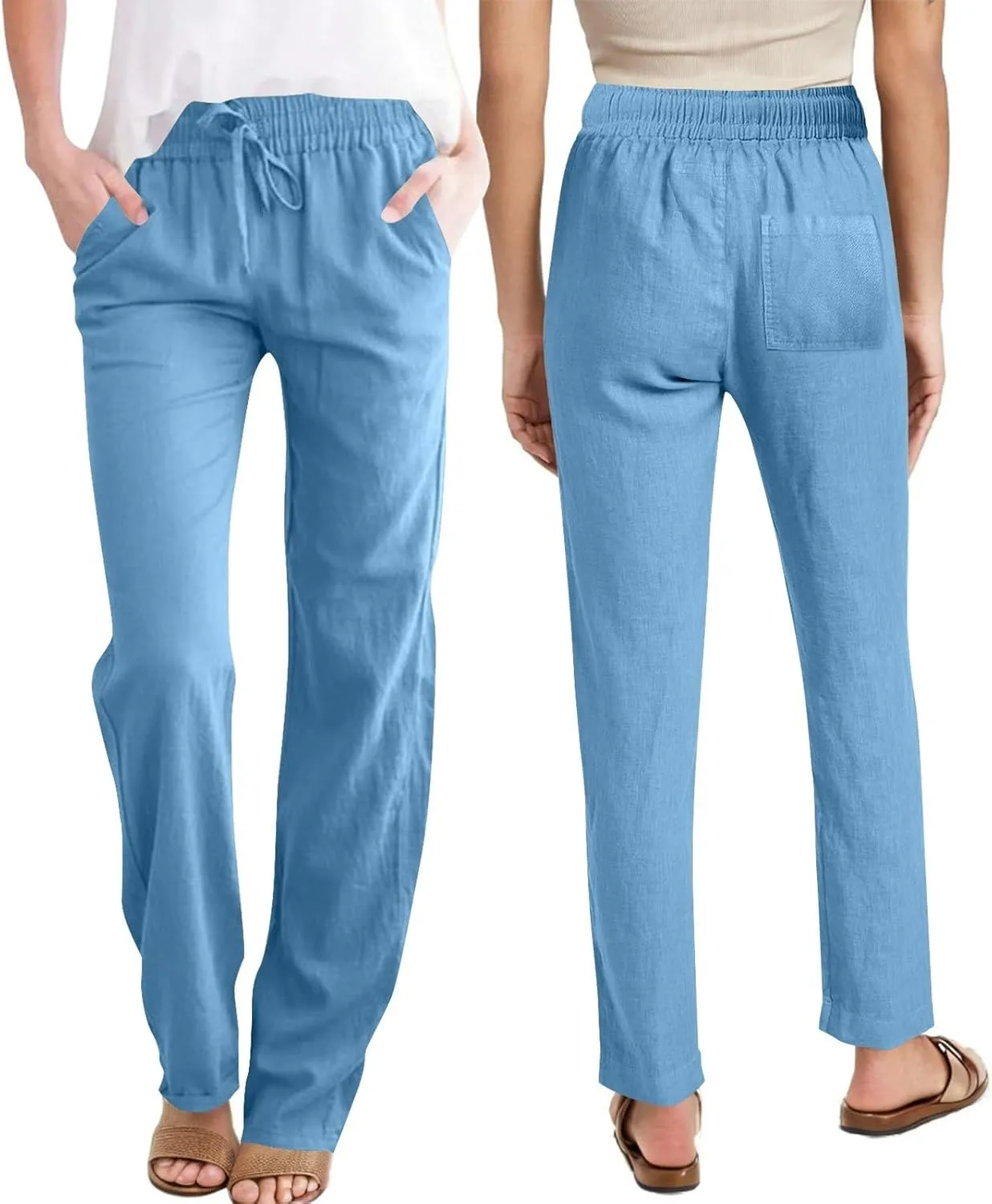 Womens Casual Summer Linen Pants Drawstring Comfy Loose Fit Trousers with Side Pockets Beach Travel Vacation Outfits