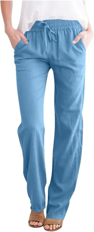 Womens Casual Summer Linen Pants Drawstring Comfy Loose Fit Trousers with Side Pockets Beach Travel Vacation Outfits