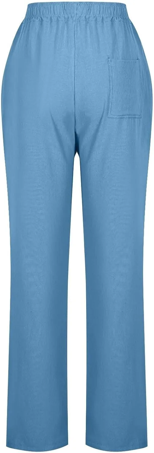 Womens Casual Summer Linen Pants Drawstring Comfy Loose Fit Trousers with Side Pockets Beach Travel Vacation Outfits