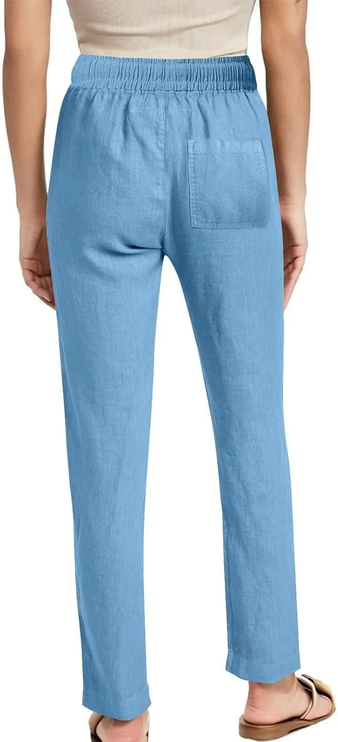 Womens Casual Summer Linen Pants Drawstring Comfy Loose Fit Trousers with Side Pockets Beach Travel Vacation Outfits