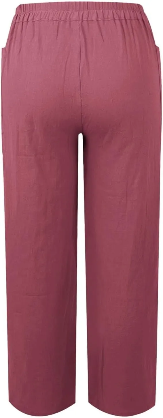 Womens Casual Work Pants with Pockets Elastic High Waist Paper Bag Trousers with Breasted Cotton Loose Wide Leg Walking Pants