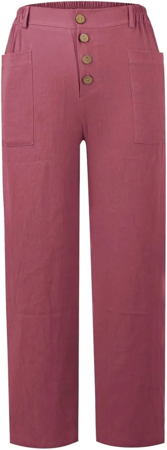Womens Casual Work Pants with Pockets Elastic High Waist Paper Bag Trousers with Breasted Cotton Loose Wide Leg Walking Pants