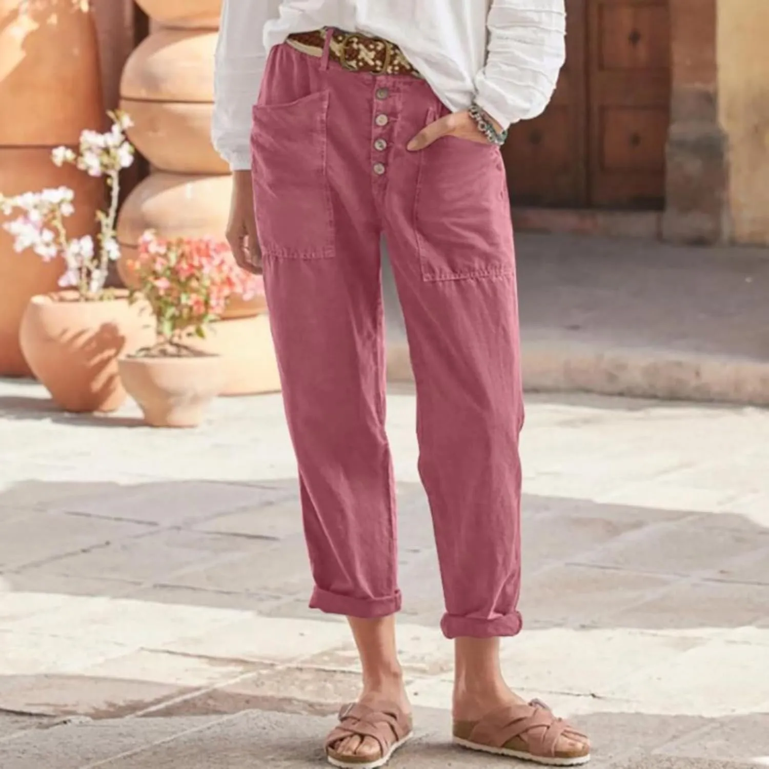 Womens Casual Work Pants with Pockets Elastic High Waist Paper Bag Trousers with Breasted Cotton Loose Wide Leg Walking Pants