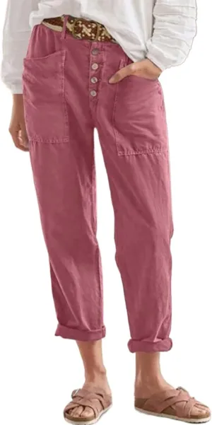 Womens Casual Work Pants with Pockets Elastic High Waist Paper Bag Trousers with Breasted Cotton Loose Wide Leg Walking Pants