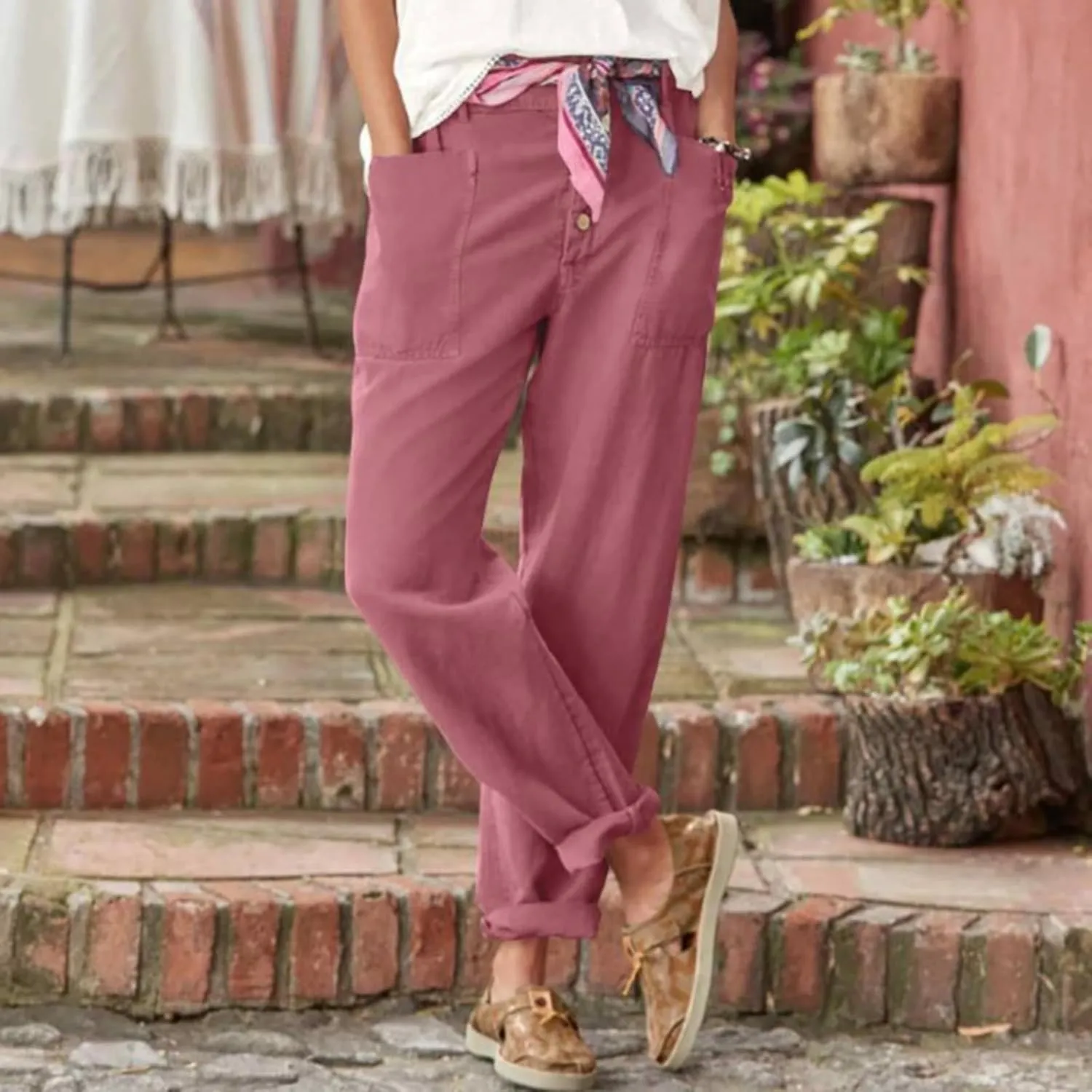 Womens Casual Work Pants with Pockets Elastic High Waist Paper Bag Trousers with Breasted Cotton Loose Wide Leg Walking Pants
