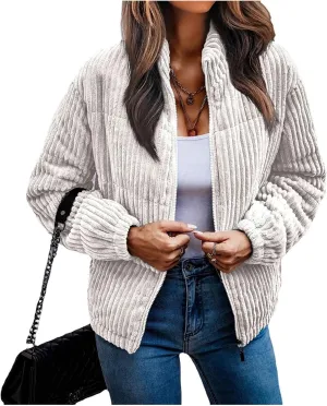 Womens Corduroy Puffer Jacket Zip Up Long Sleeve Jacket Stand Collar Ribbed Quilted Jacket Padded Winter Warm Coat