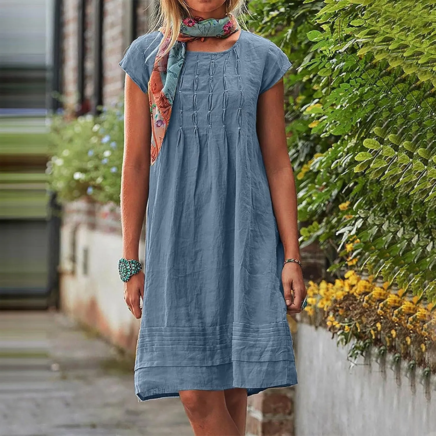 Women's Cotten Linen Summer Dresses Midi Casual Cap Sleeve Crewneck A Line Flowy Swing Beach Trendy Sundress