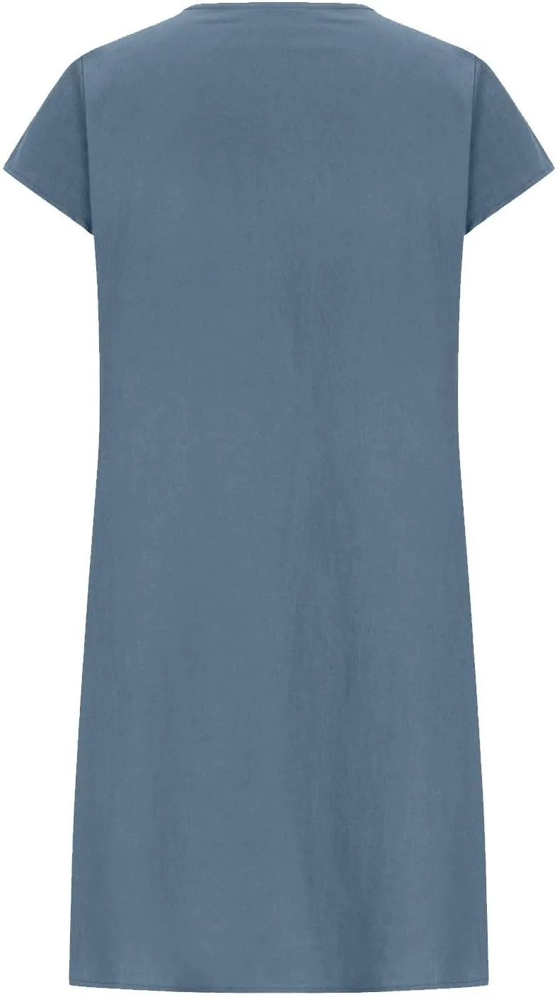 Women's Cotten Linen Summer Dresses Midi Casual Cap Sleeve Crewneck A Line Flowy Swing Beach Trendy Sundress