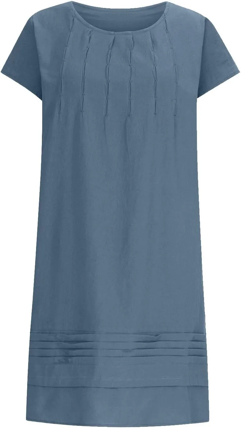Women's Cotten Linen Summer Dresses Midi Casual Cap Sleeve Crewneck A Line Flowy Swing Beach Trendy Sundress