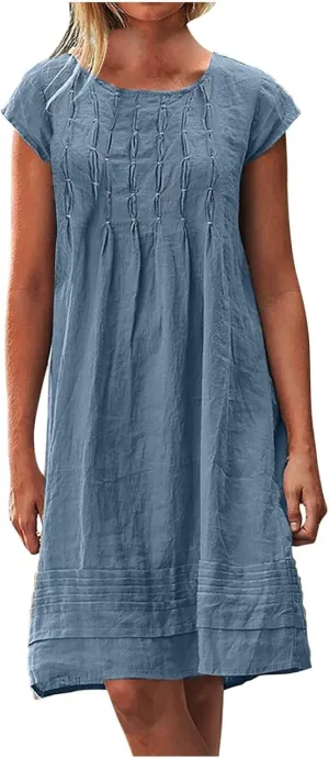 Women's Cotten Linen Summer Dresses Midi Casual Cap Sleeve Crewneck A Line Flowy Swing Beach Trendy Sundress