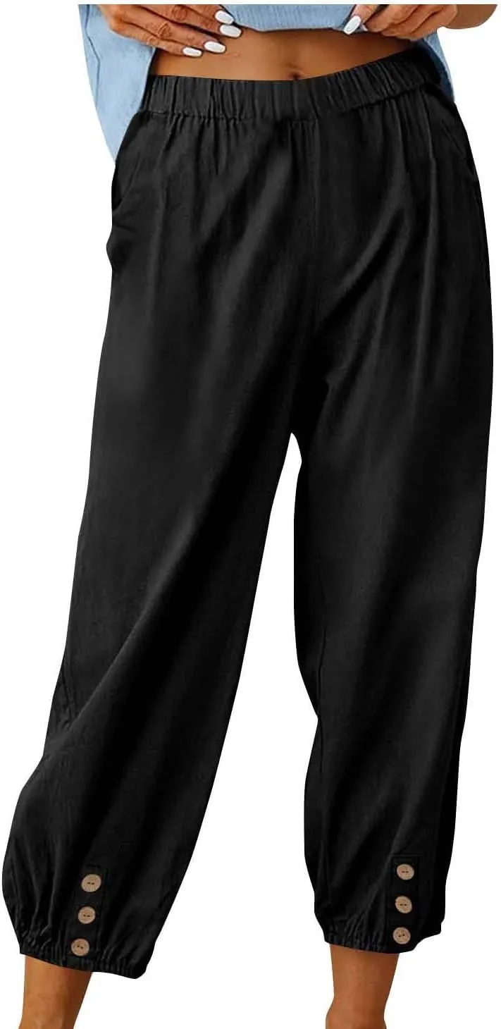 Women's Cotton Linen Capri Pants High Waist Cropped Drawstring Cinch Bottoms Summer Casual Pant Trouser with Pockets