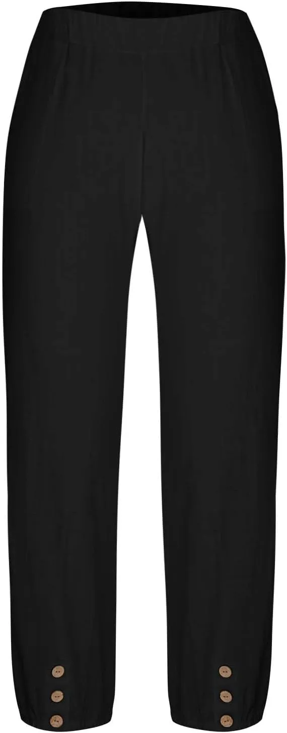 Women's Cotton Linen Capri Pants High Waist Cropped Drawstring Cinch Bottoms Summer Casual Pant Trouser with Pockets
