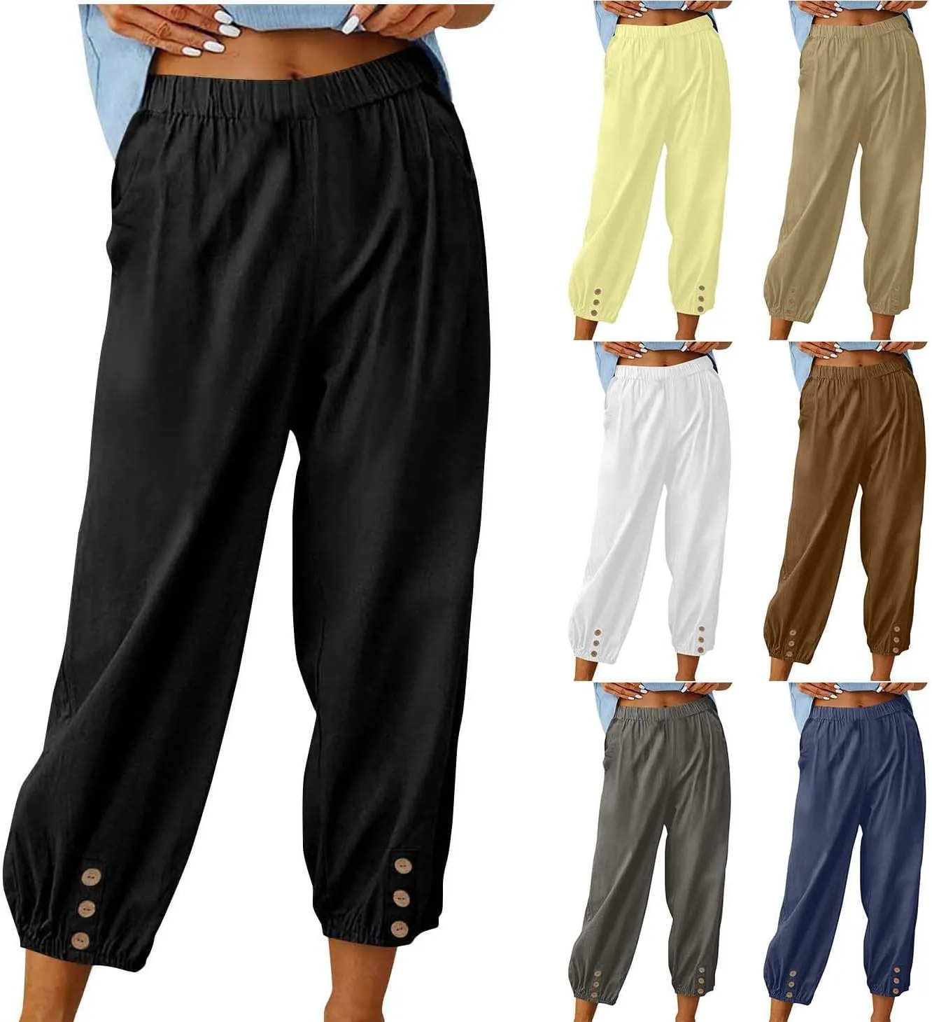 Women's Cotton Linen Capri Pants High Waist Cropped Drawstring Cinch Bottoms Summer Casual Pant Trouser with Pockets
