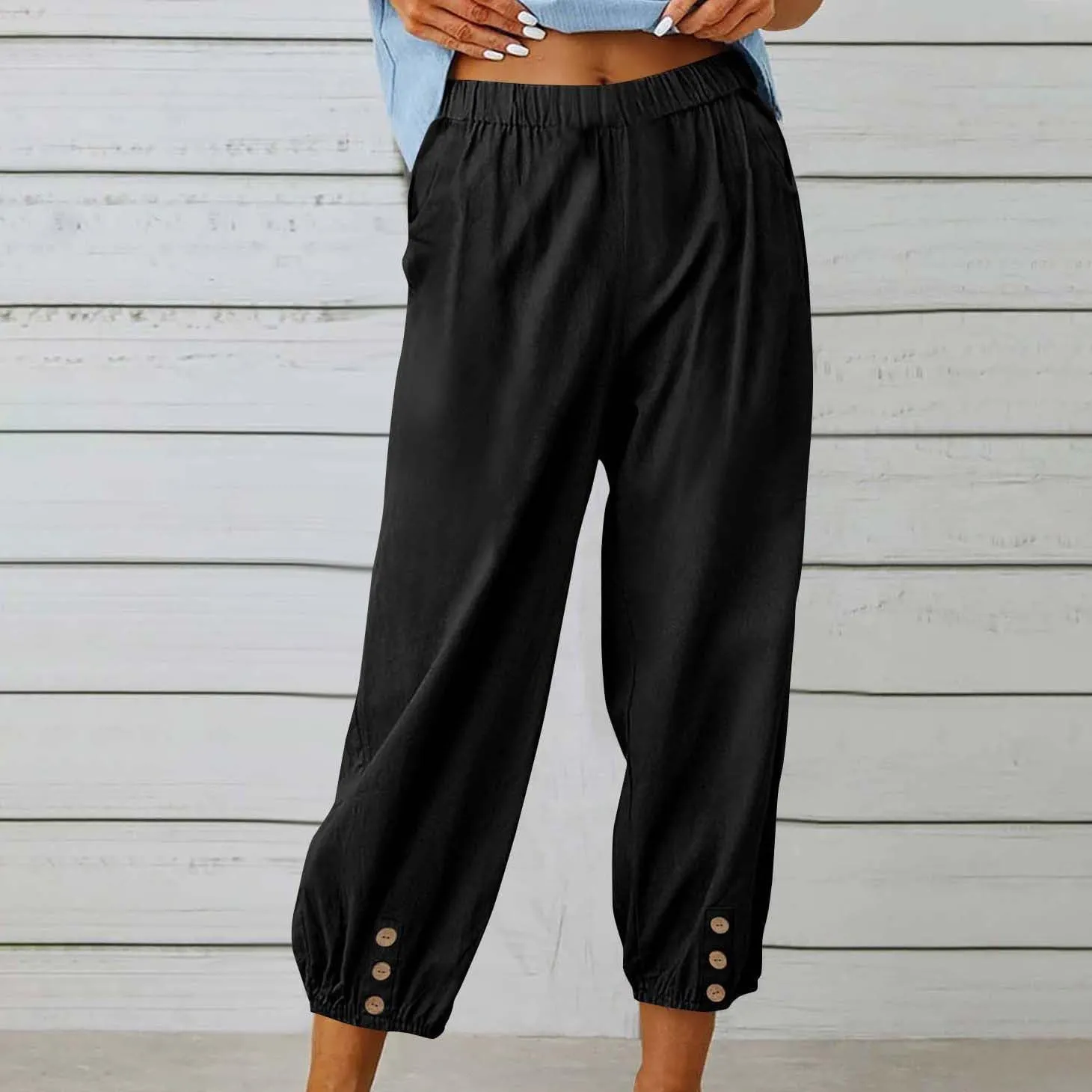 Women's Cotton Linen Capri Pants High Waist Cropped Drawstring Cinch Bottoms Summer Casual Pant Trouser with Pockets